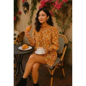 Sandro Floral Print Long Sleeve Button Neck Mini Dress Size M